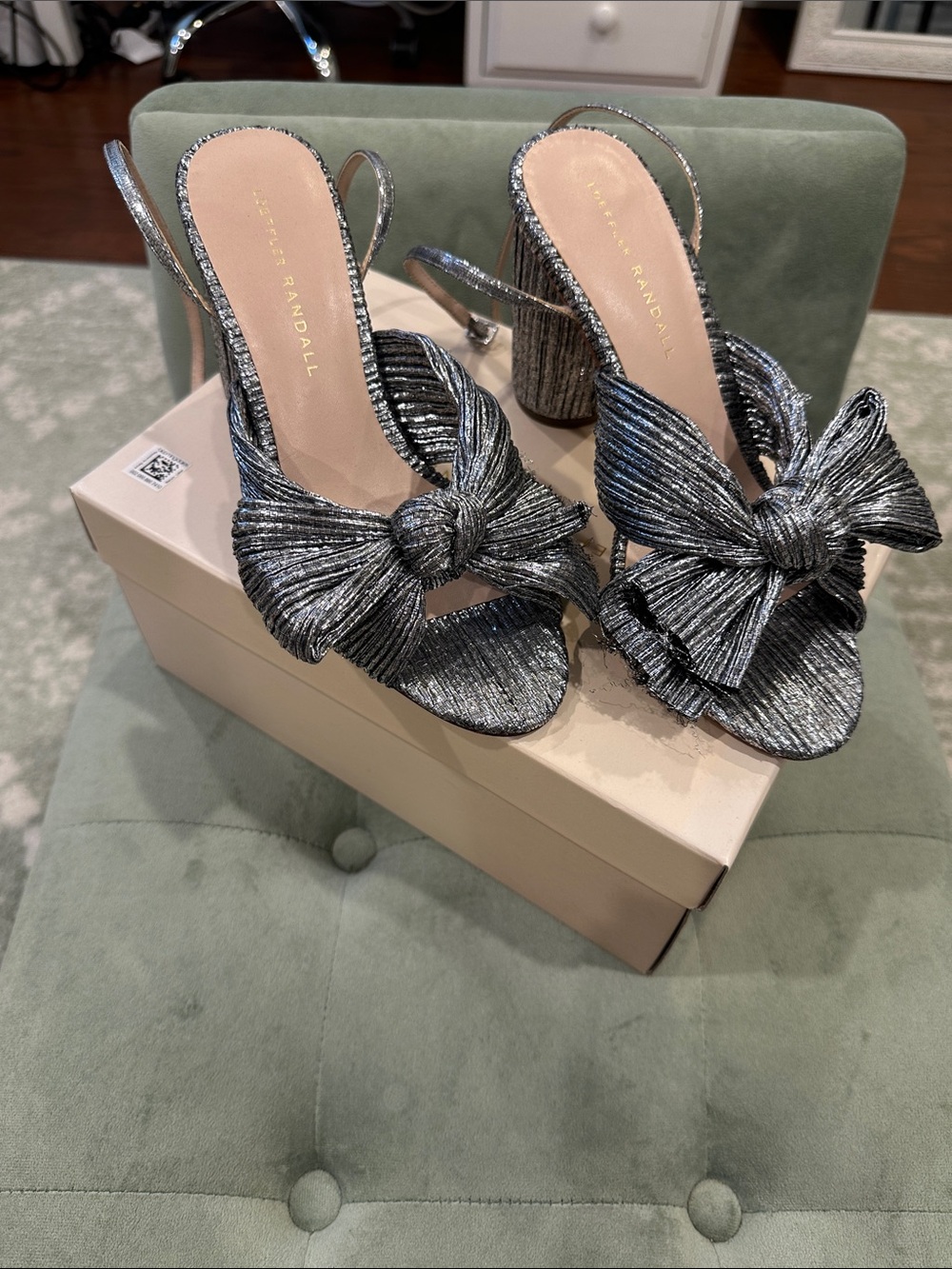 Loeffler Randall Silver Metallic Knot Bow Slingback Heels
